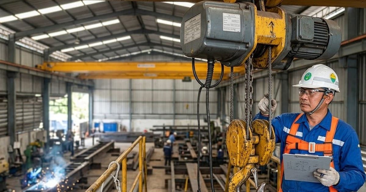Overhead crane in a factory with a hoist moving goods — OSHA 1910.179 + ASME B30 standards