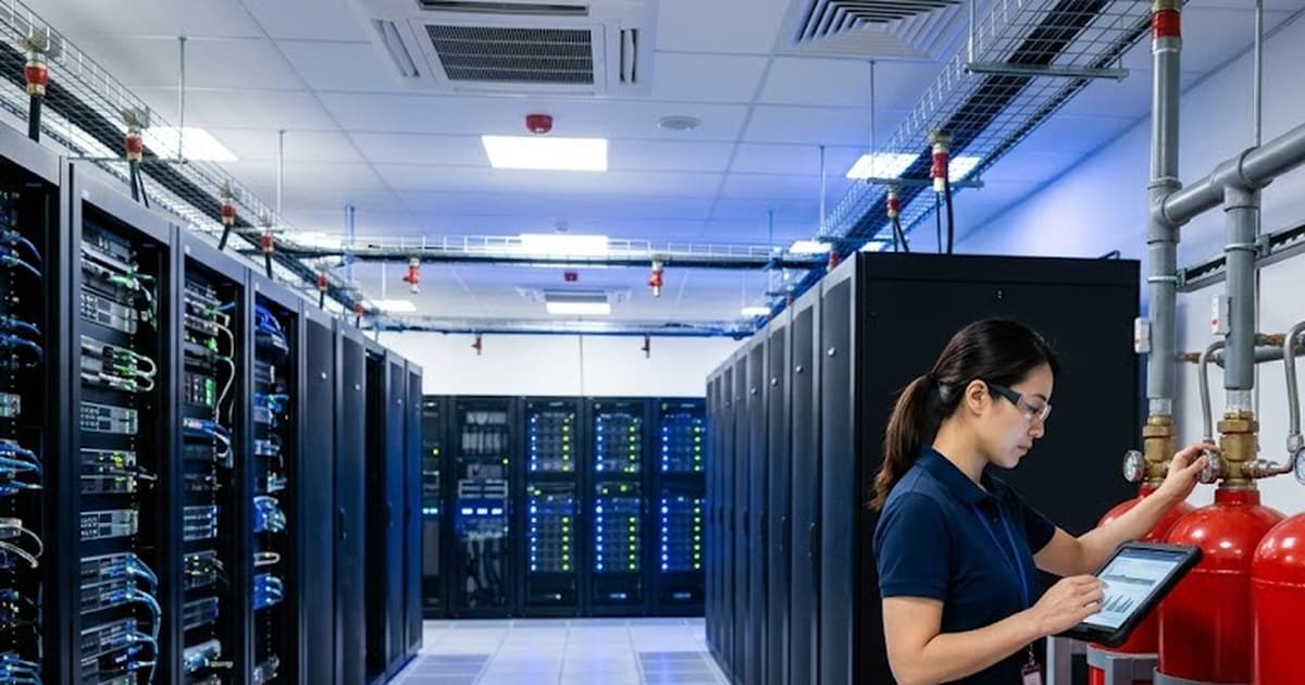 FM-200 and Novec 1230 fire suppression cylinders in a server room