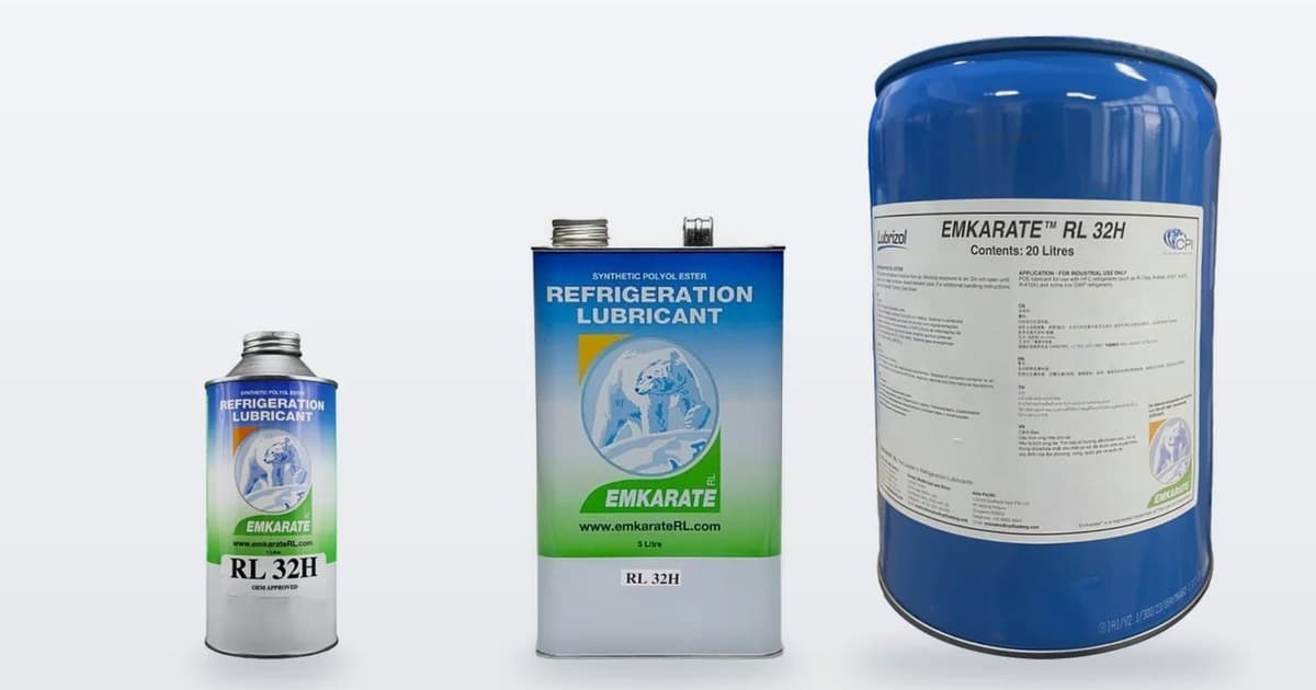 Emkarate RL POE compressor oil in a 1 litre can, a 5 litre can and a 20 litre pail
