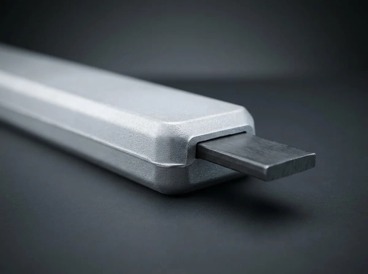 End of an aluminium slab anode — the casting wrapped round the flat steel core that protrudes for welding (studio close-up render)