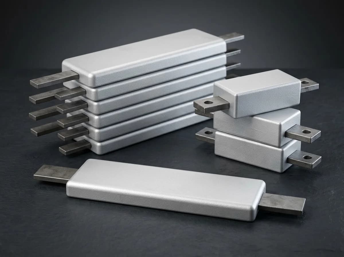Aluminium Al-Zn-In sacrificial anodes — welded slabs with the steel core out of both ends and bolt-on blocks with drilled lugs — studio render of the shape