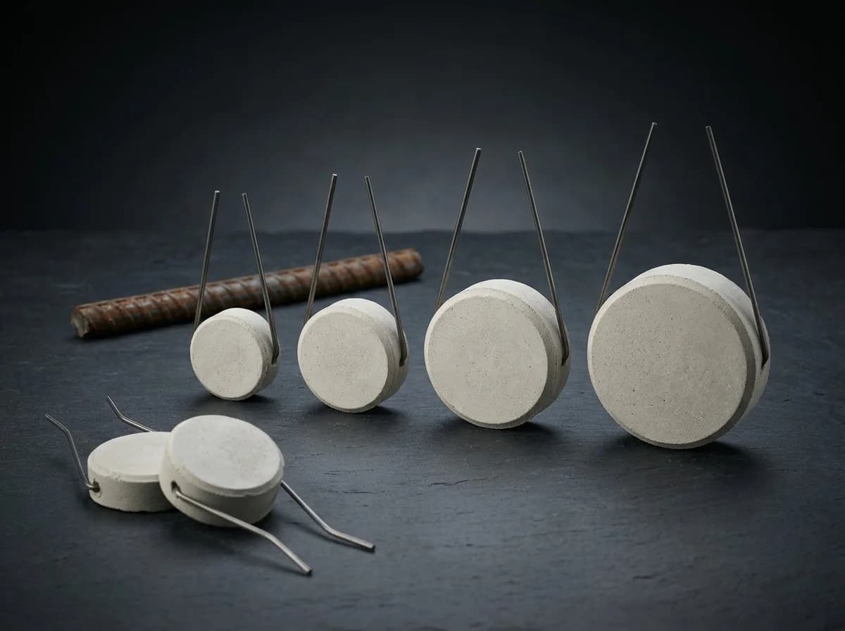Concrete sacrificial anodes in four sizes, smallest to largest — round mortar pucks around a zinc core with two free stainless tie-wire tails for the rebar — studio render of the shape