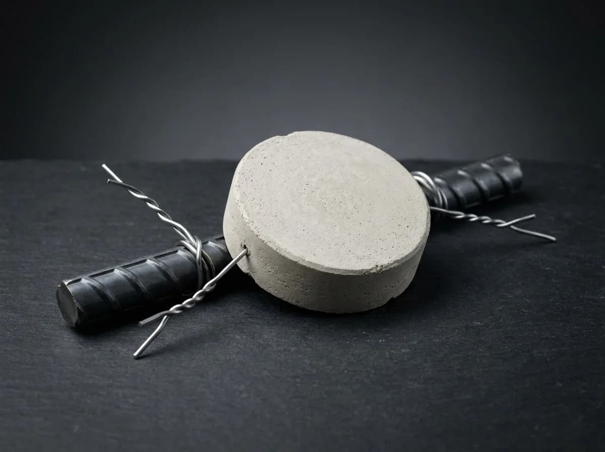 Concrete anode tied to rebar — each stainless wire wrapped round the bar and twisted closed (studio render of the fixing)