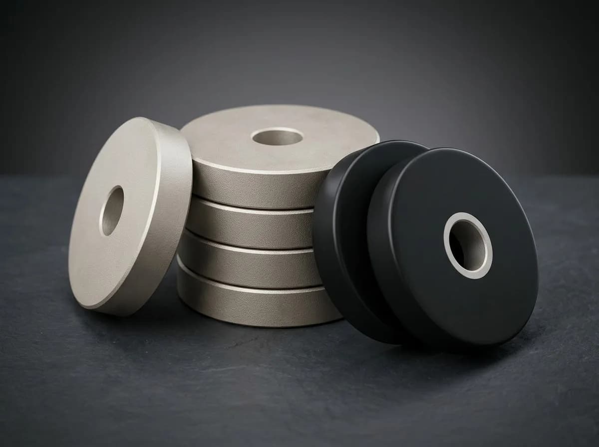 แมกนีเซียมอาโนดสำหรับน้ำจืด — แผ่นกลมหล่อมีรูตรงกลาง (condenser anode) แบบเปลือยและเคลือบ plastisol — ภาพสตูดิโอแสดงรูปทรง