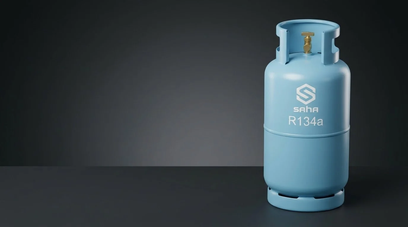 ถังรีฟิล (refillable drum) น้ำยาแอร์ R134a ตราสหวัฒนกิจ — คอกันวาล์วเหล็ก (ภาพสตูดิโอ)