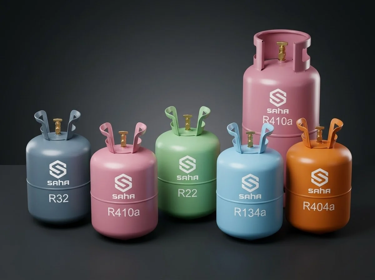 ถังน้ำยาแอร์ตราสหวัฒนกิจ 5 เกรด (R32 · R410a · R22 · R134a · R404a) และถังรีฟิล R410a — ภาพสตูดิโอแสดงรูปทรงถัง
