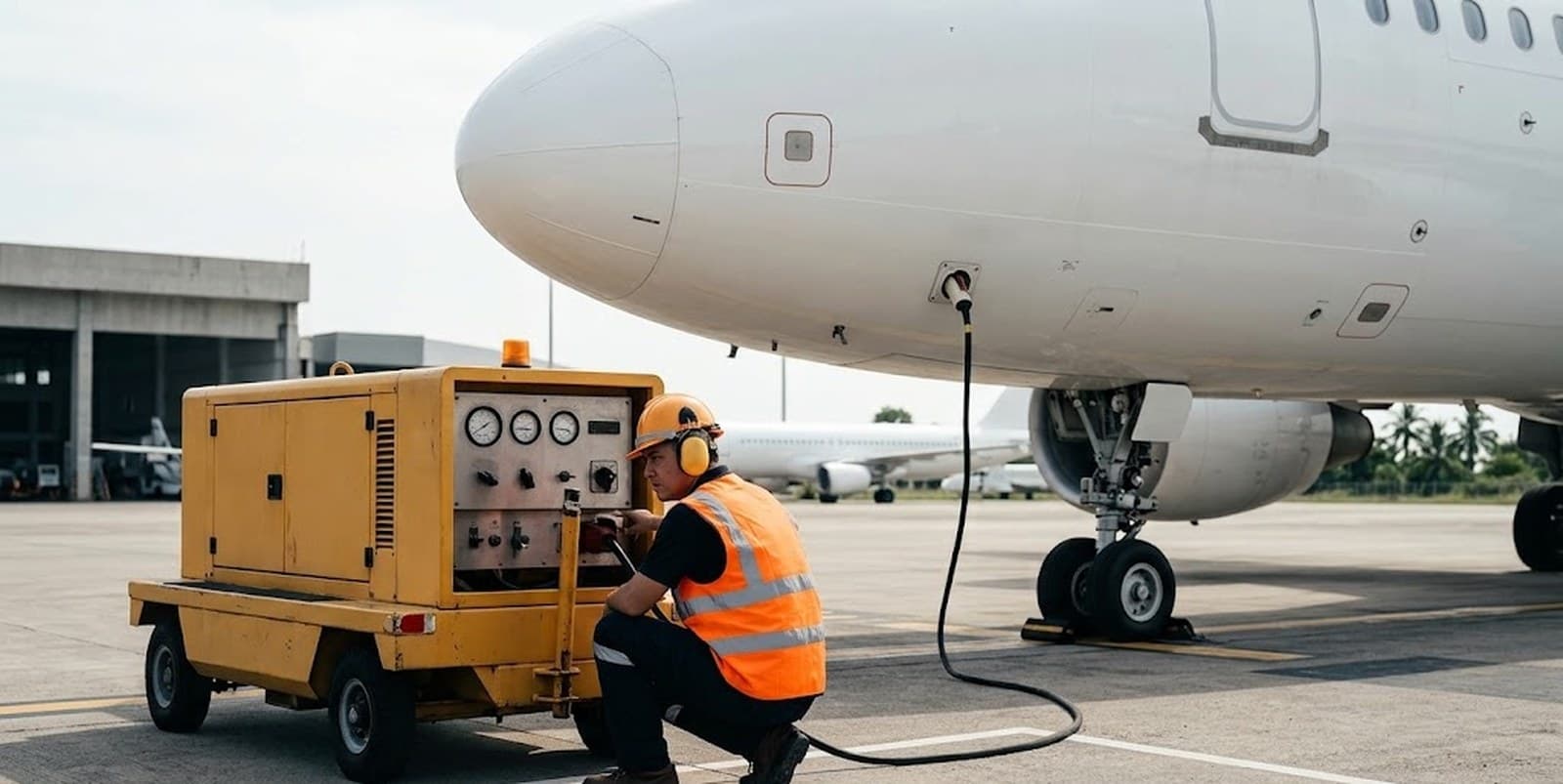 Ground engineer connecting a ground power unit to the aircraft's ground power receptacle