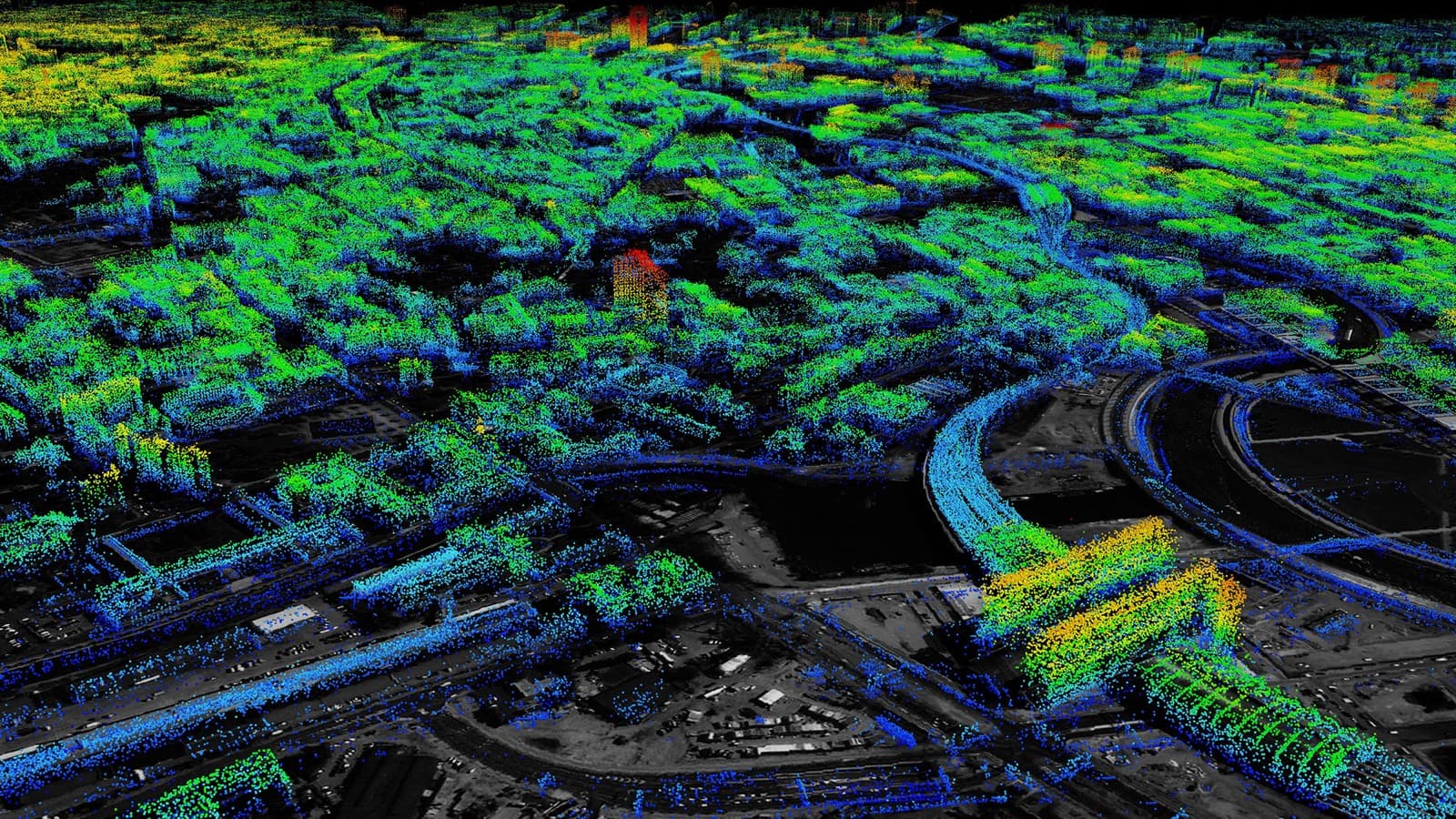 กลุ่มจุดพิกัด 3 มิติ (point cloud) ของโครงสร้างสถานีและแนวทางรถไฟจากการสำรวจ 3 มิติเพื่อตรวจรับงานก่อสร้างและงานราง