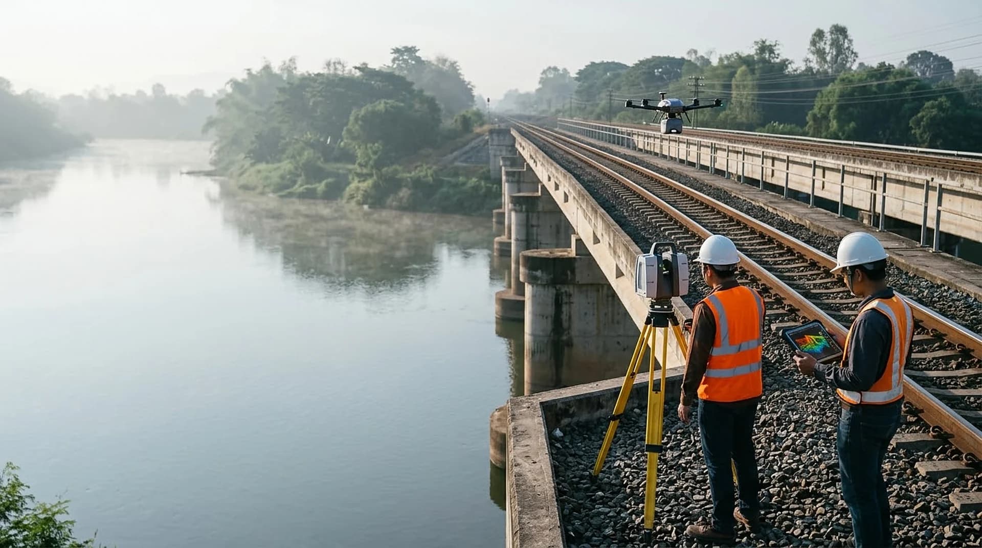 A survey team 3D-scanning a railway bridge — terrestrial laser scanner on a tripod, a tablet showing the point cloud and a survey drone over the track (render of the service, not a photo of a job)