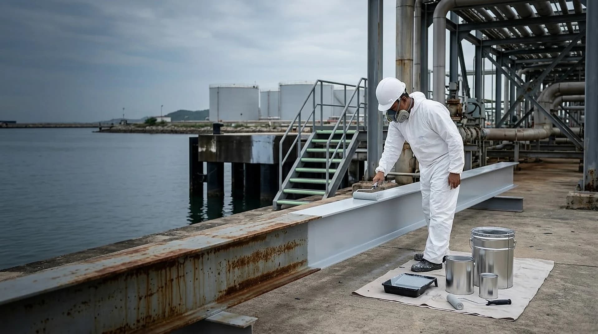 A painter rolling anti-rust coating onto a coastal steel beam — coated half clean beside the rusted half, paint containers in three sizes, an underwater-coated jetty pile and a glow-in-the-dark stair strip (render of the product group, not a photo of a job)