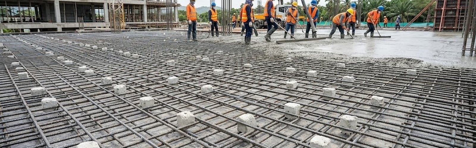 คอนกรีตแอโนด (คอนกรีตอาโนด · concrete sacrificial anode) ผูกลวดติดโครงเหล็กเส้นบนพื้นงานก่อสร้าง ก่อนเทคอนกรีตทับ — งานป้องกันการกัดกร่อนเหล็กเสริมด้วยระบบ cathodic protection