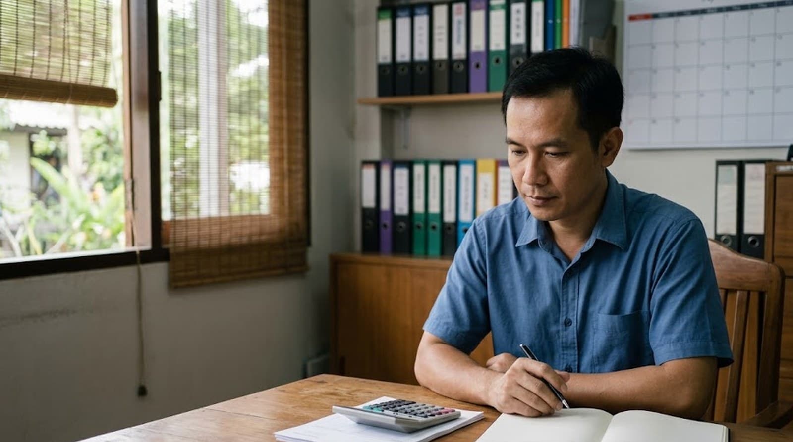 A Thai SME owner at his desk reviewing a weekly cash flow plan, invoices and a calculator in front of him, a small factory office behind.