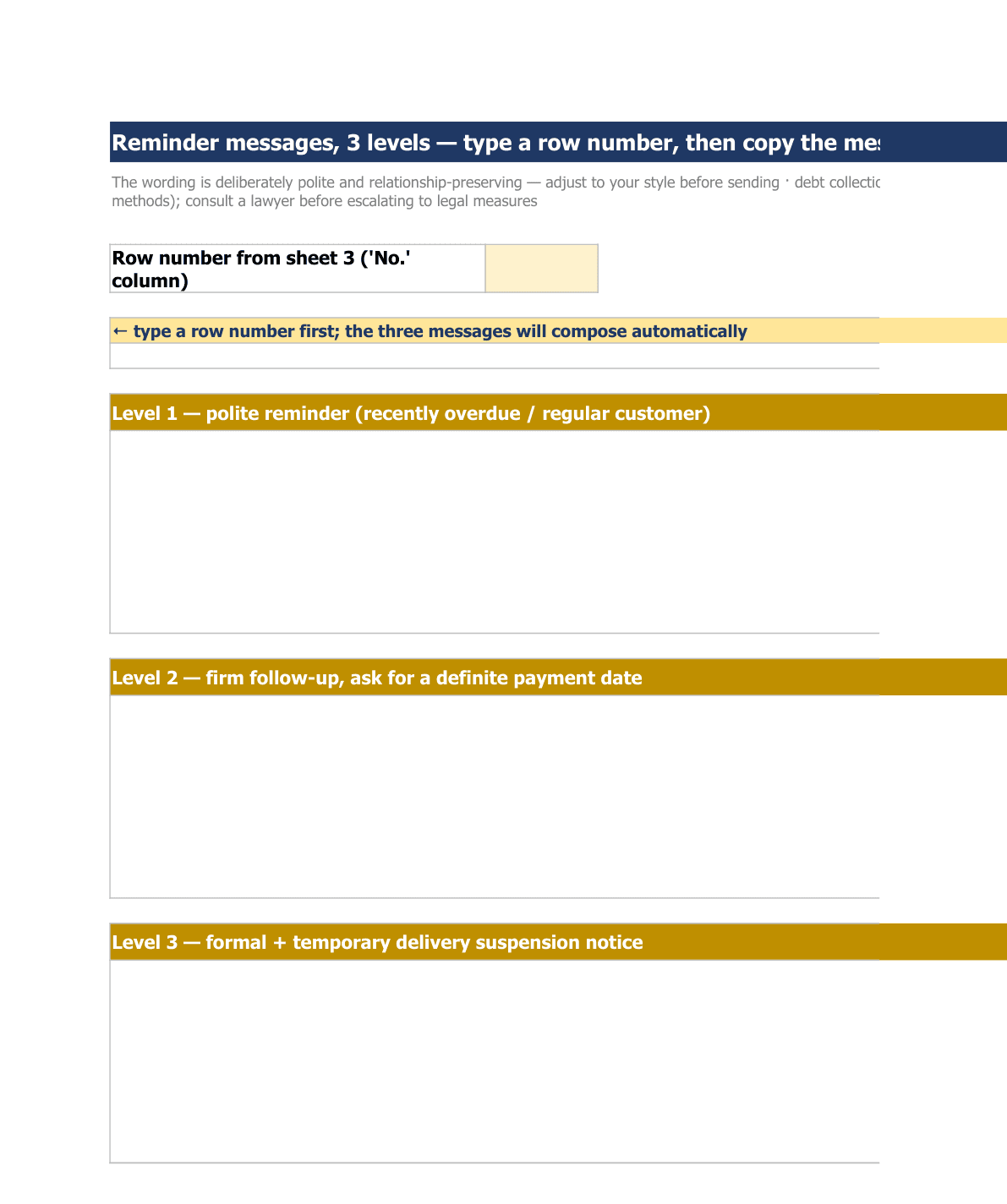 The reminder-message sheet: a row-number cell, and three composed messages — polite, firm, and formal — with the invoice number and amount filled in automatically.