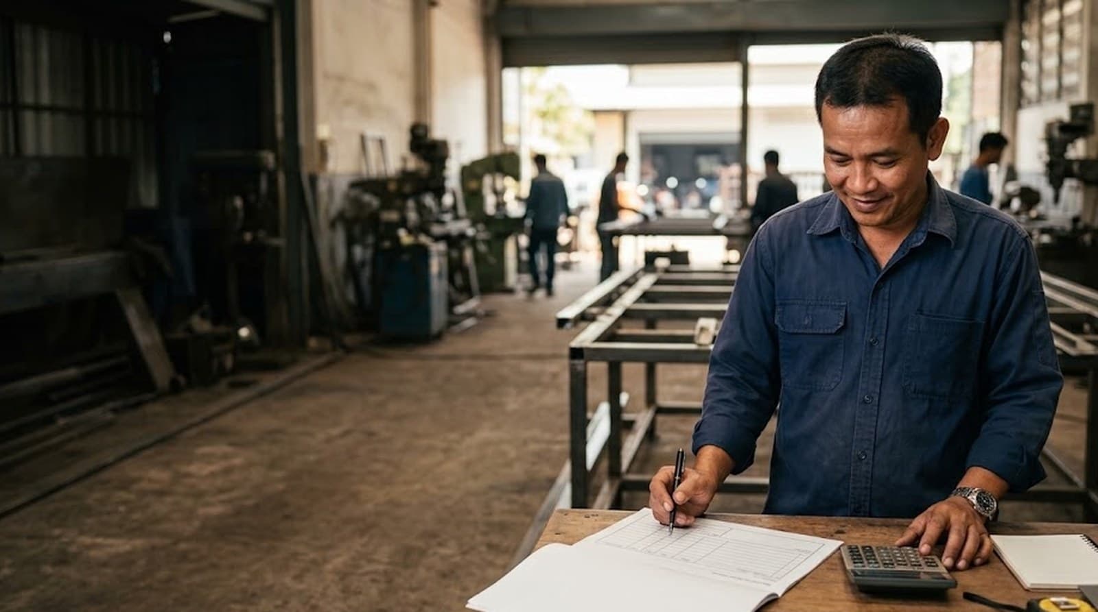 A Thai metal-fabrication shop owner pricing a job at a bench, work order and calculator in front of him, his own welding shop behind.