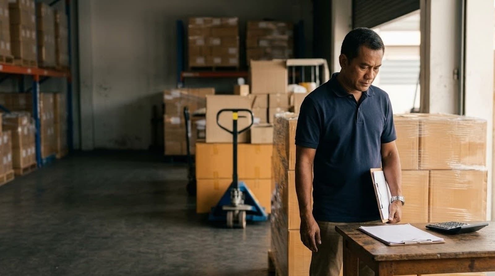 A Thai importer at a receiving desk in his own small warehouse, checking shipping documents against a calculator beside a freshly arrived pallet of cartons, a hand pallet truck behind.