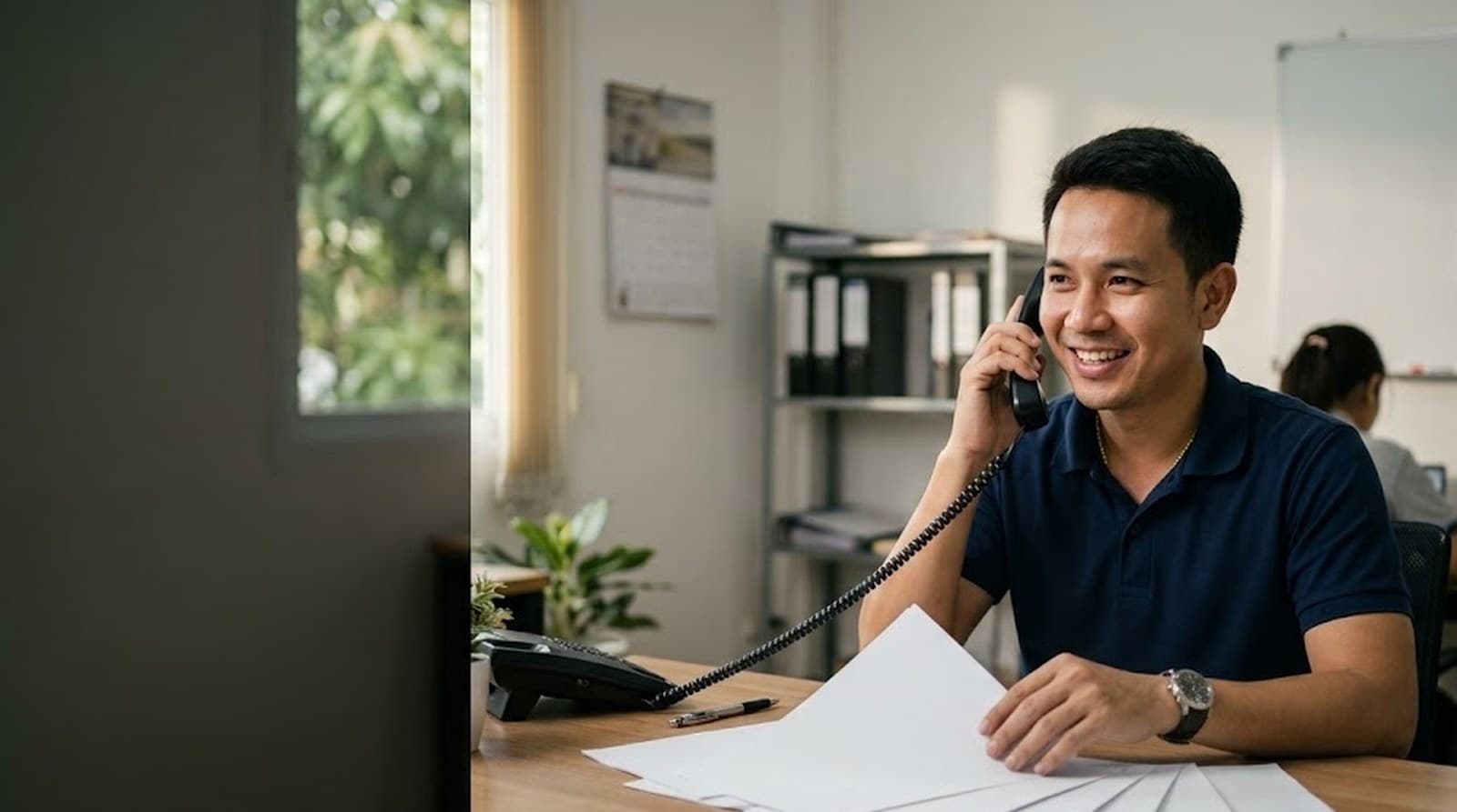 A Thai salesperson at his desk making a follow-up call on a quotation, quote documents in front of him, a small sales office with a colleague working behind.